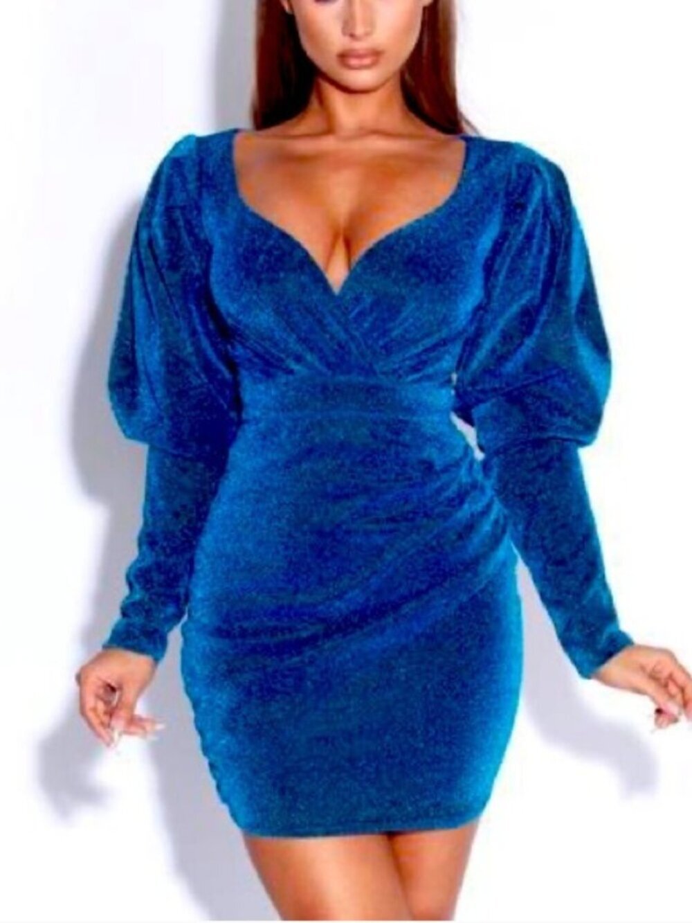 Miss Circle Womens Santana Teal Blue Long Puff Sleeve Glitter Mini Dress Sz XL